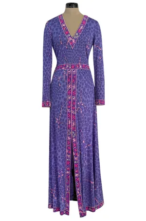 Gorgeous 1960s Bessi Light Purple & Pink Printed Silk Jersey Dress w V Neck & Slit Front