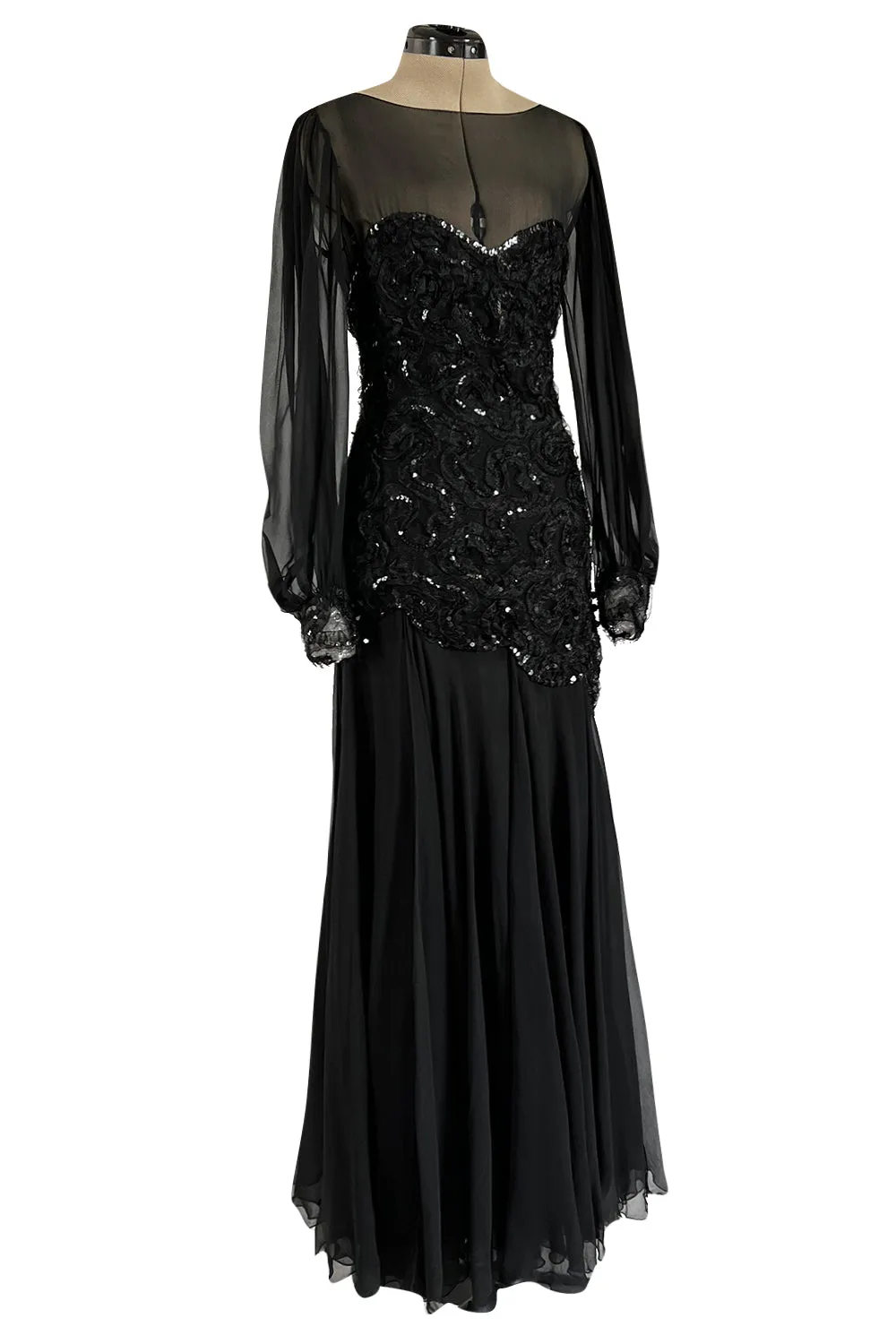 Gorgeous 1980s Loris Azzaro Black Silk Chiffon & Sequin Ribbon Detail Dress