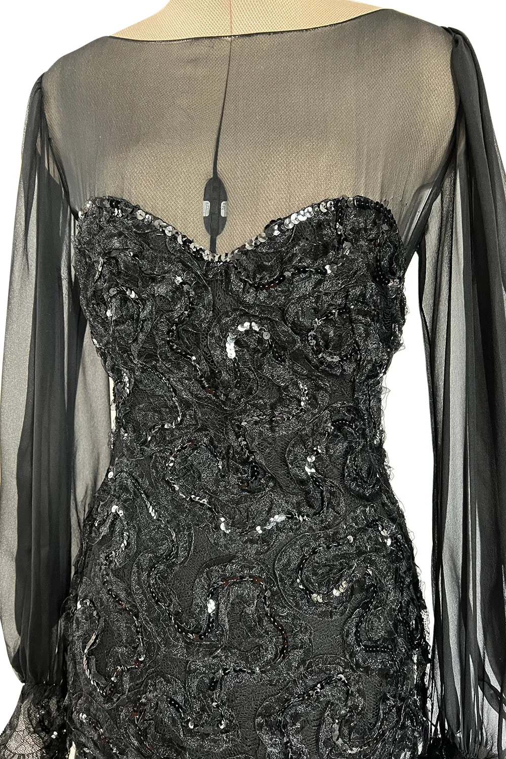 Gorgeous 1980s Loris Azzaro Black Silk Chiffon & Sequin Ribbon Detail Dress