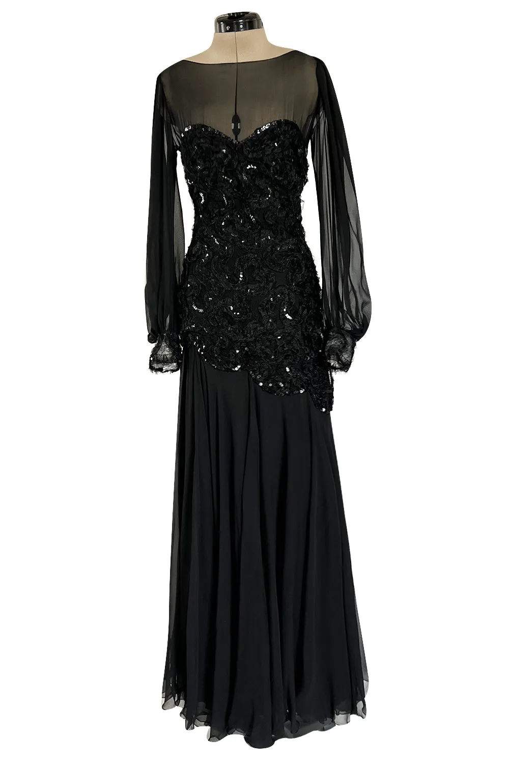 Gorgeous 1980s Loris Azzaro Black Silk Chiffon & Sequin Ribbon Detail Dress