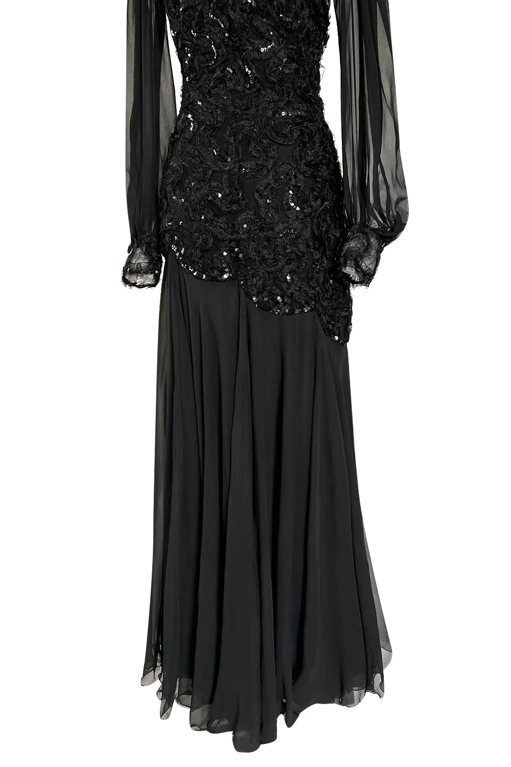 Gorgeous 1980s Loris Azzaro Black Silk Chiffon & Sequin Ribbon Detail Dress