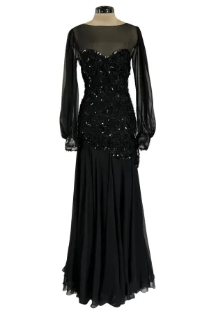 Gorgeous 1980s Loris Azzaro Black Silk Chiffon & Sequin Ribbon Detail Dress