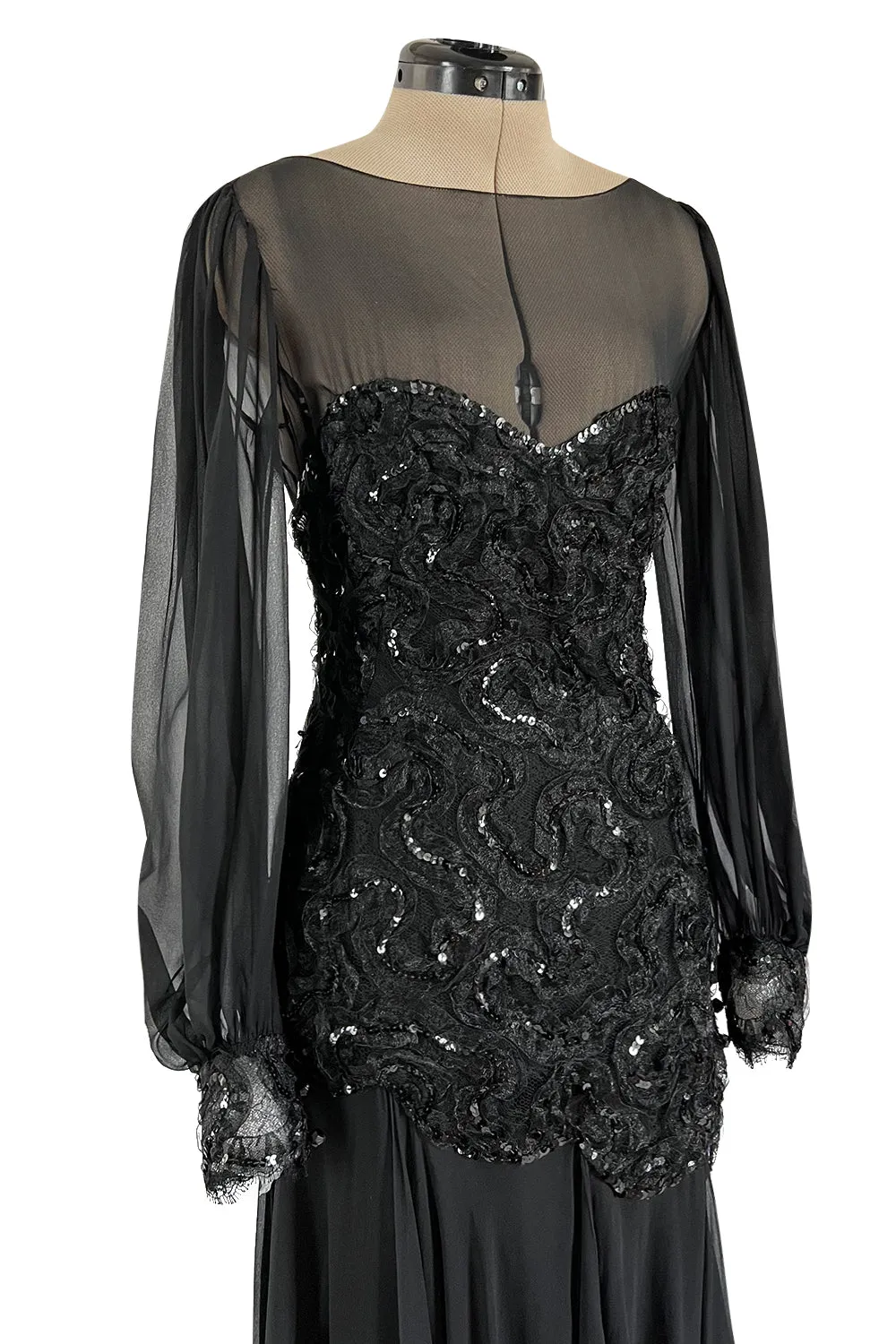 Gorgeous 1980s Loris Azzaro Black Silk Chiffon & Sequin Ribbon Detail Dress