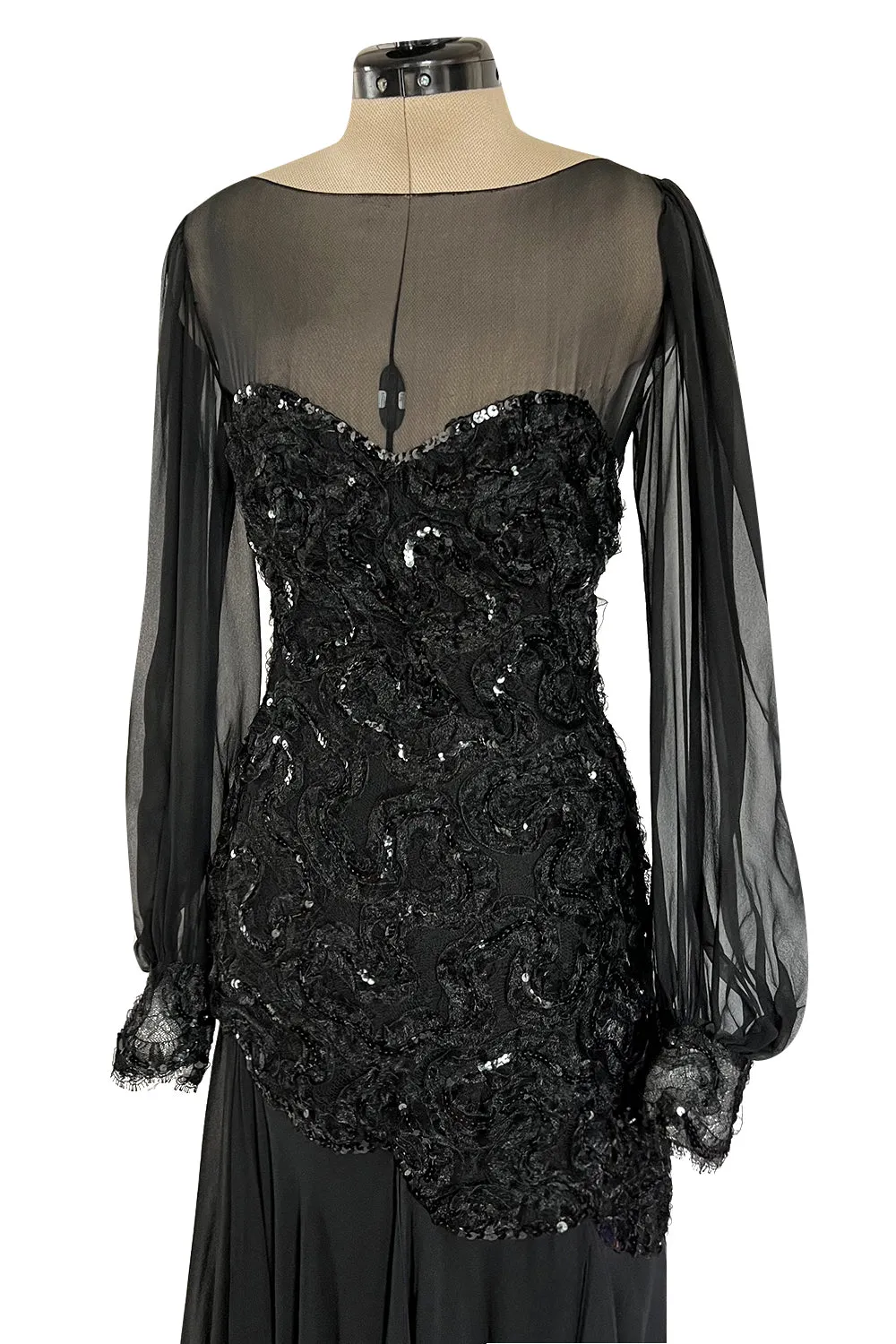 Gorgeous 1980s Loris Azzaro Black Silk Chiffon & Sequin Ribbon Detail Dress