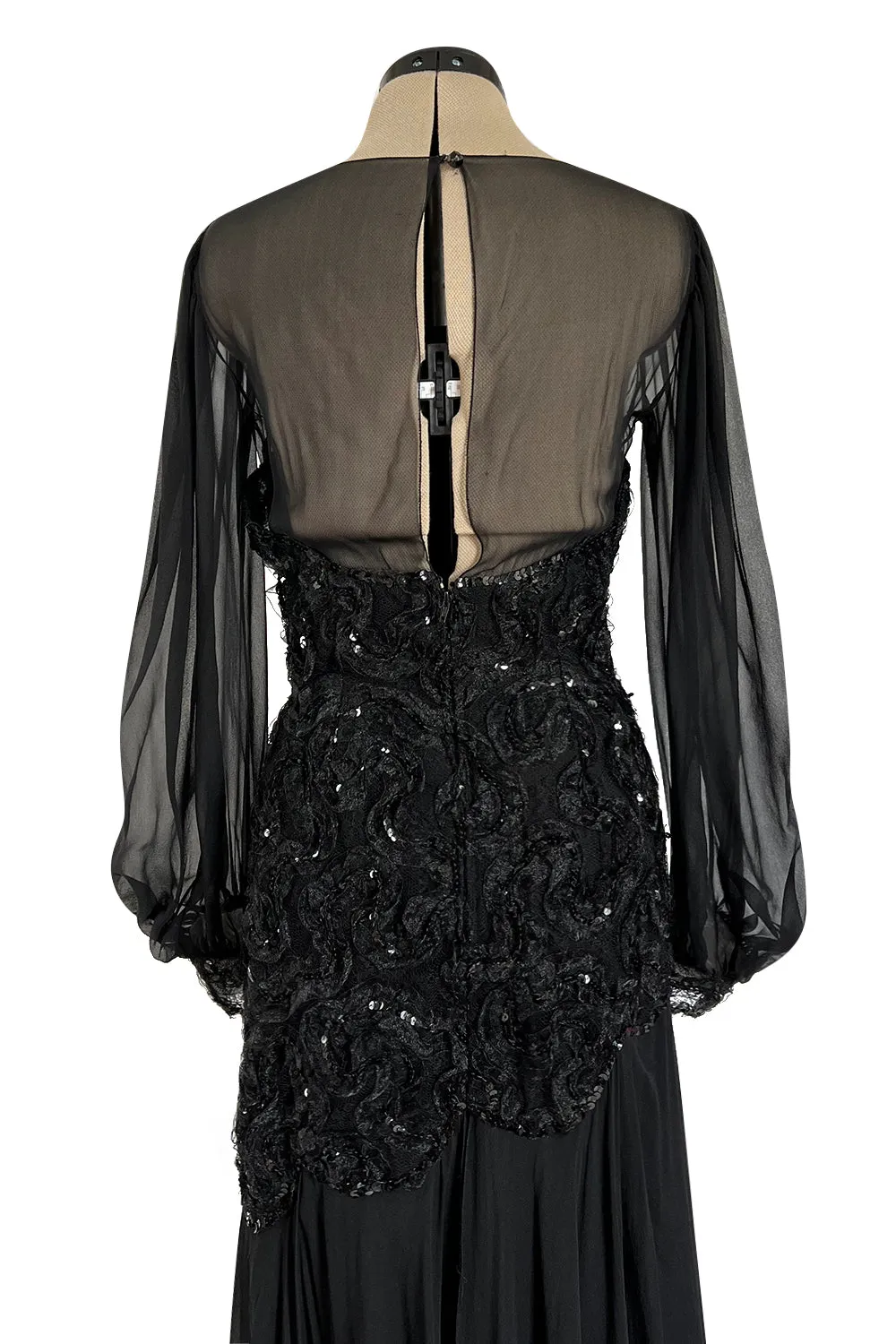 Gorgeous 1980s Loris Azzaro Black Silk Chiffon & Sequin Ribbon Detail Dress