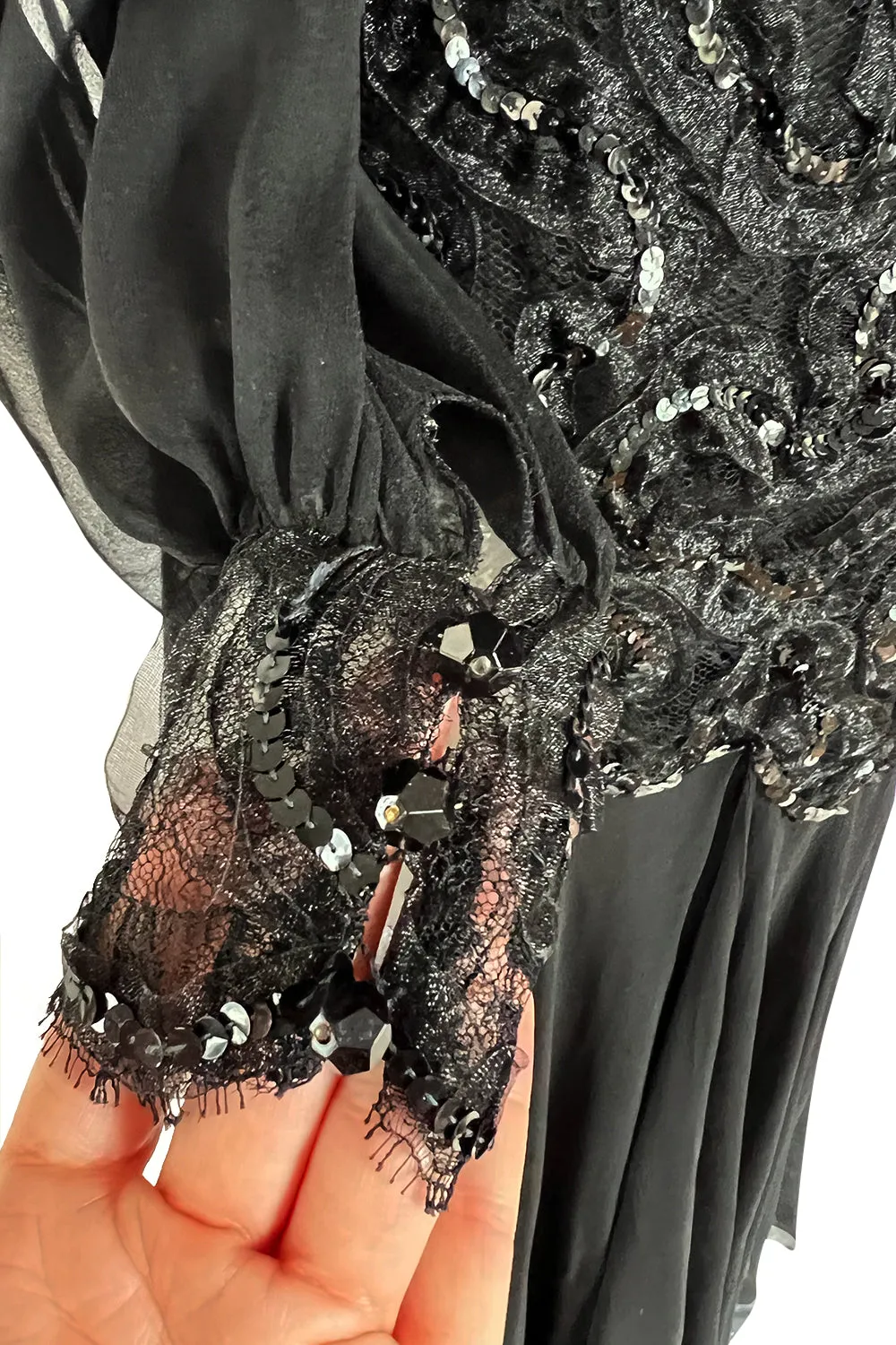 Gorgeous 1980s Loris Azzaro Black Silk Chiffon & Sequin Ribbon Detail Dress