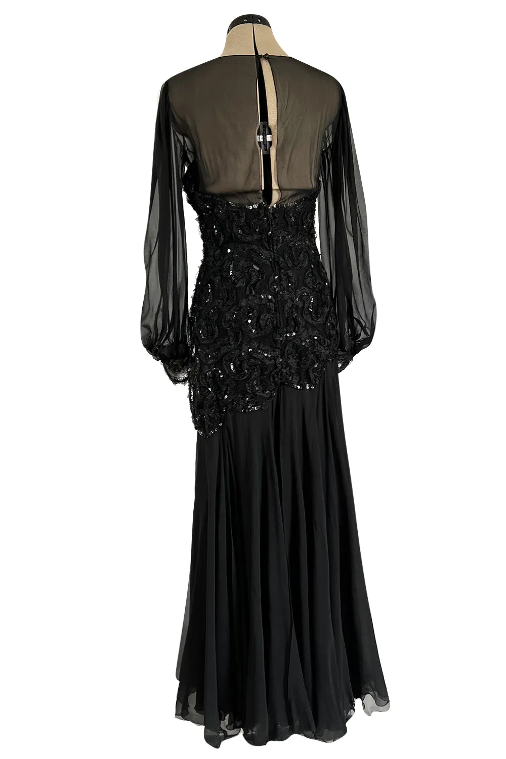 Gorgeous 1980s Loris Azzaro Black Silk Chiffon & Sequin Ribbon Detail Dress