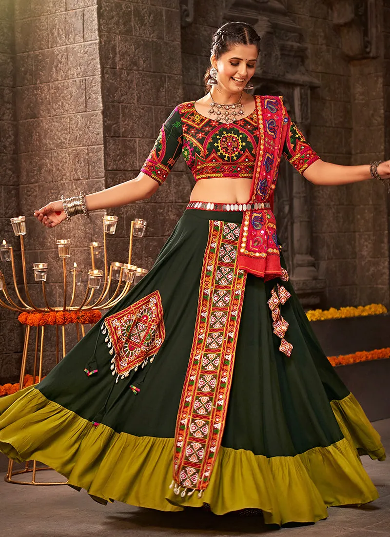 Green And Red Kutchi Embroidered Rajwadi Chaniya Choli