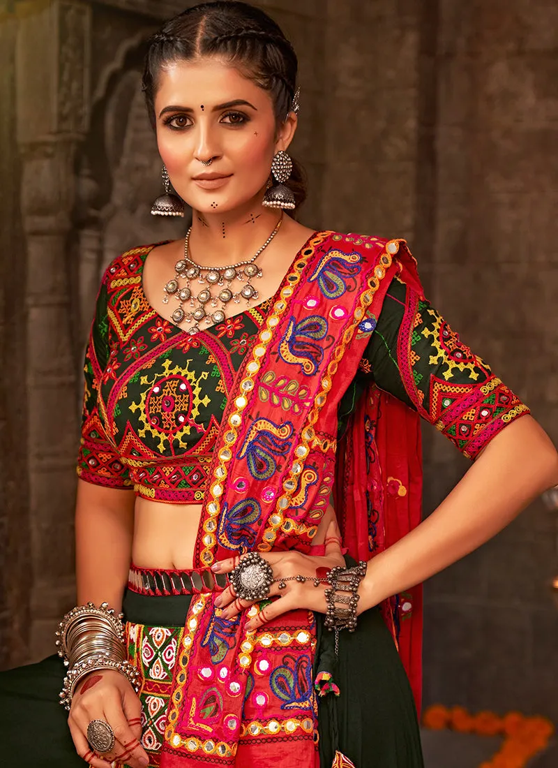 Green And Red Kutchi Embroidered Rajwadi Chaniya Choli