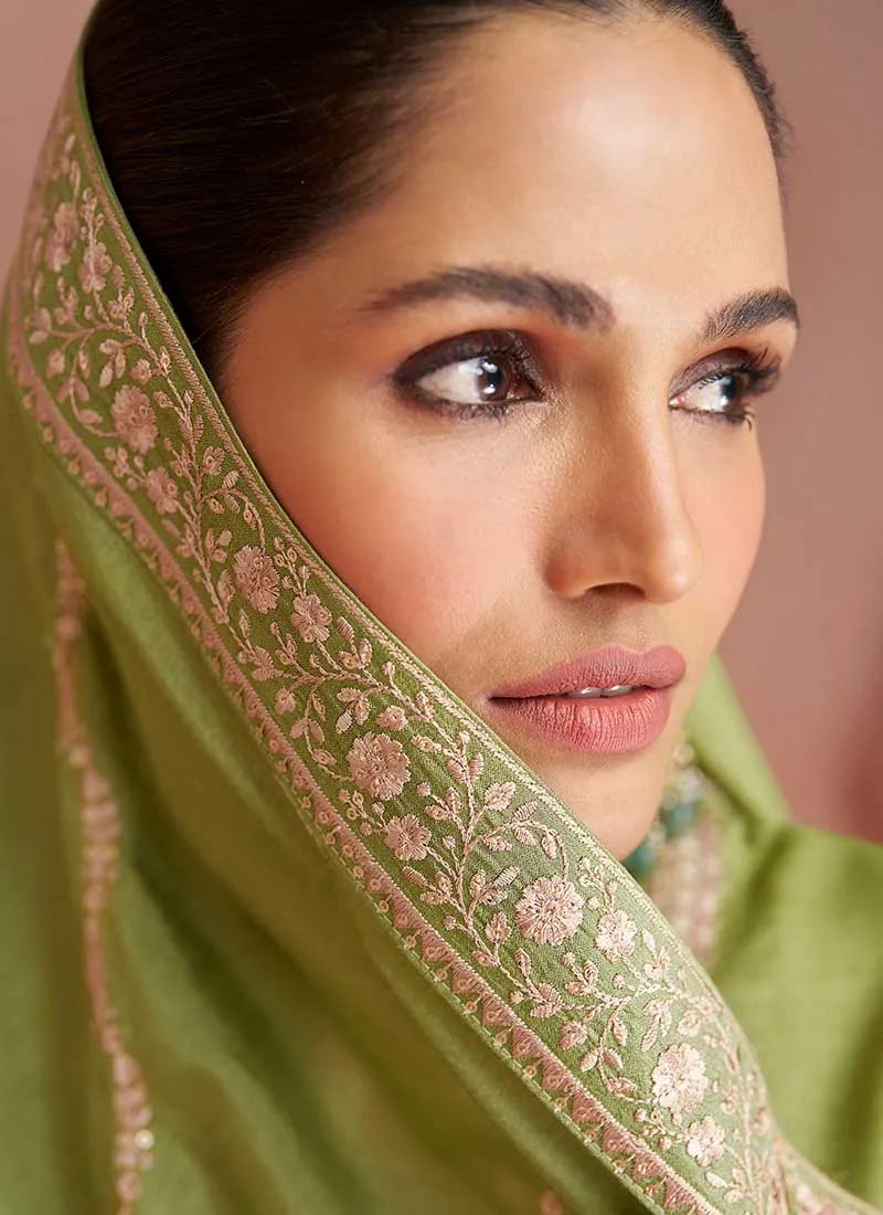 Green Sequence Embroidery Wedding Palazzo Suit