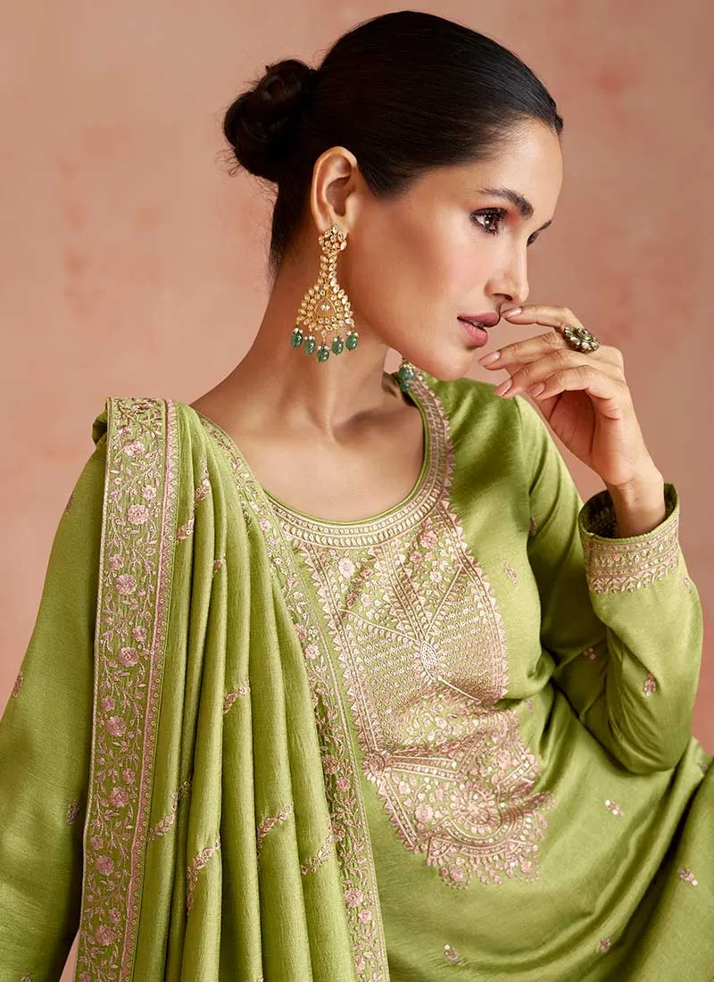 Green Sequence Embroidery Wedding Palazzo Suit