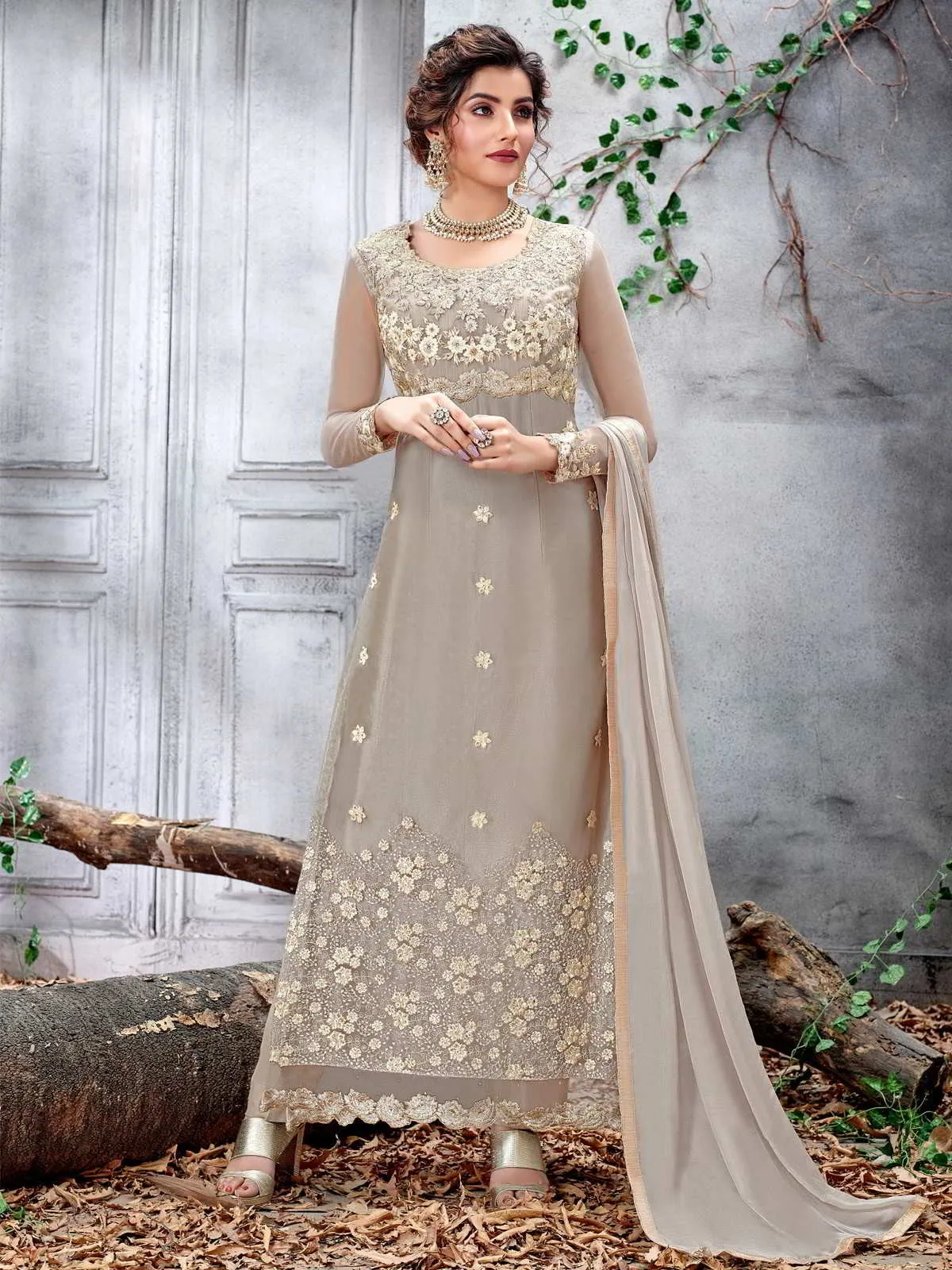 Grey Beige Motifs Embroidered Designer Pakistani Pant Suit