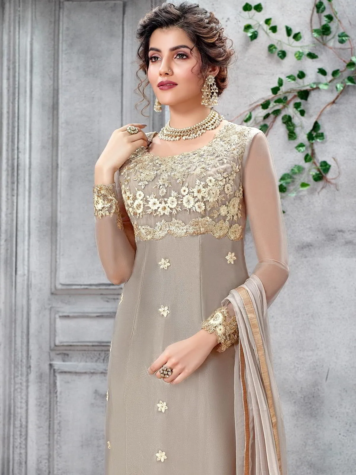 Grey Beige Motifs Embroidered Designer Pakistani Pant Suit