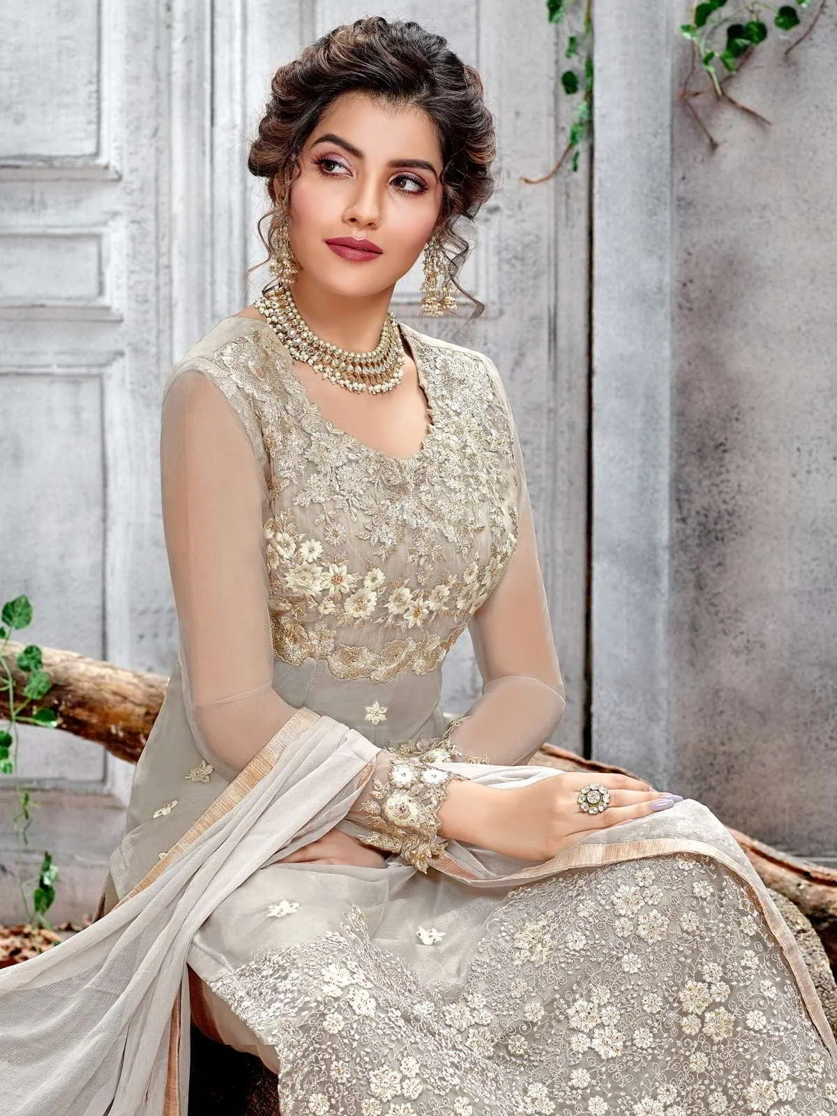 Grey Beige Motifs Embroidered Designer Pakistani Pant Suit