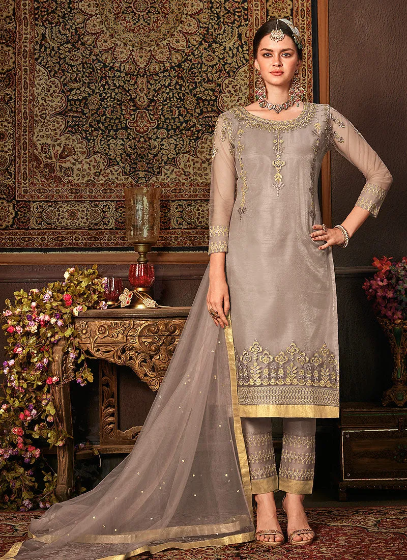 Grey Embroidered Pakistani Pants Suit