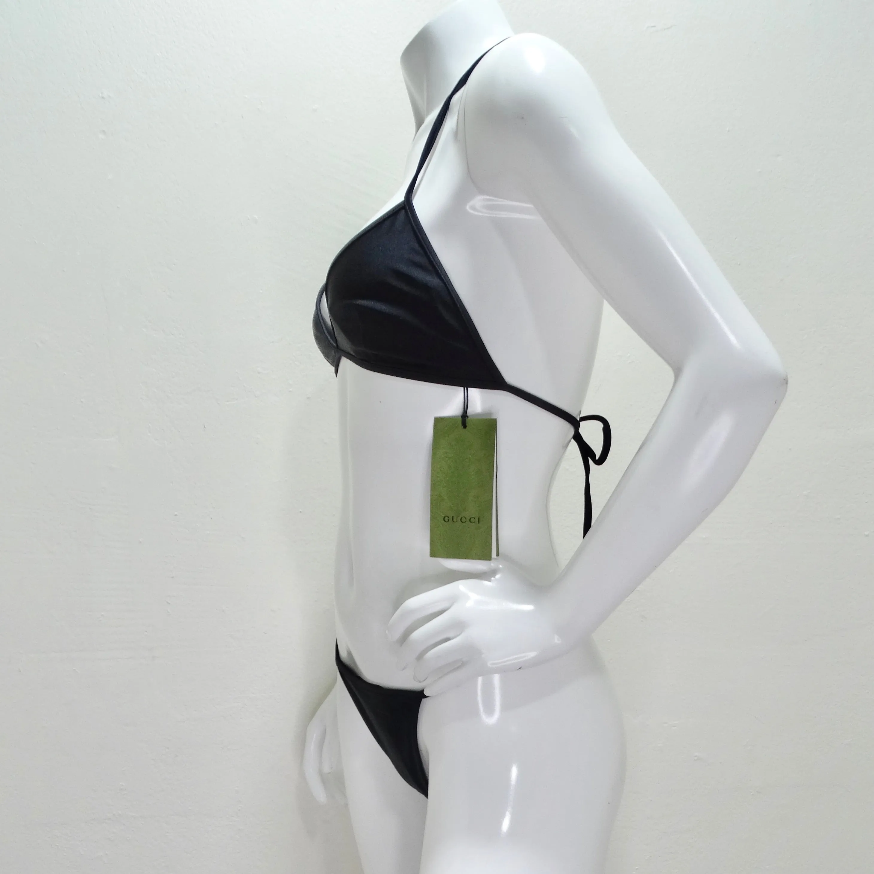 Gucci Gold Tone GG Logo G String Black Bikini