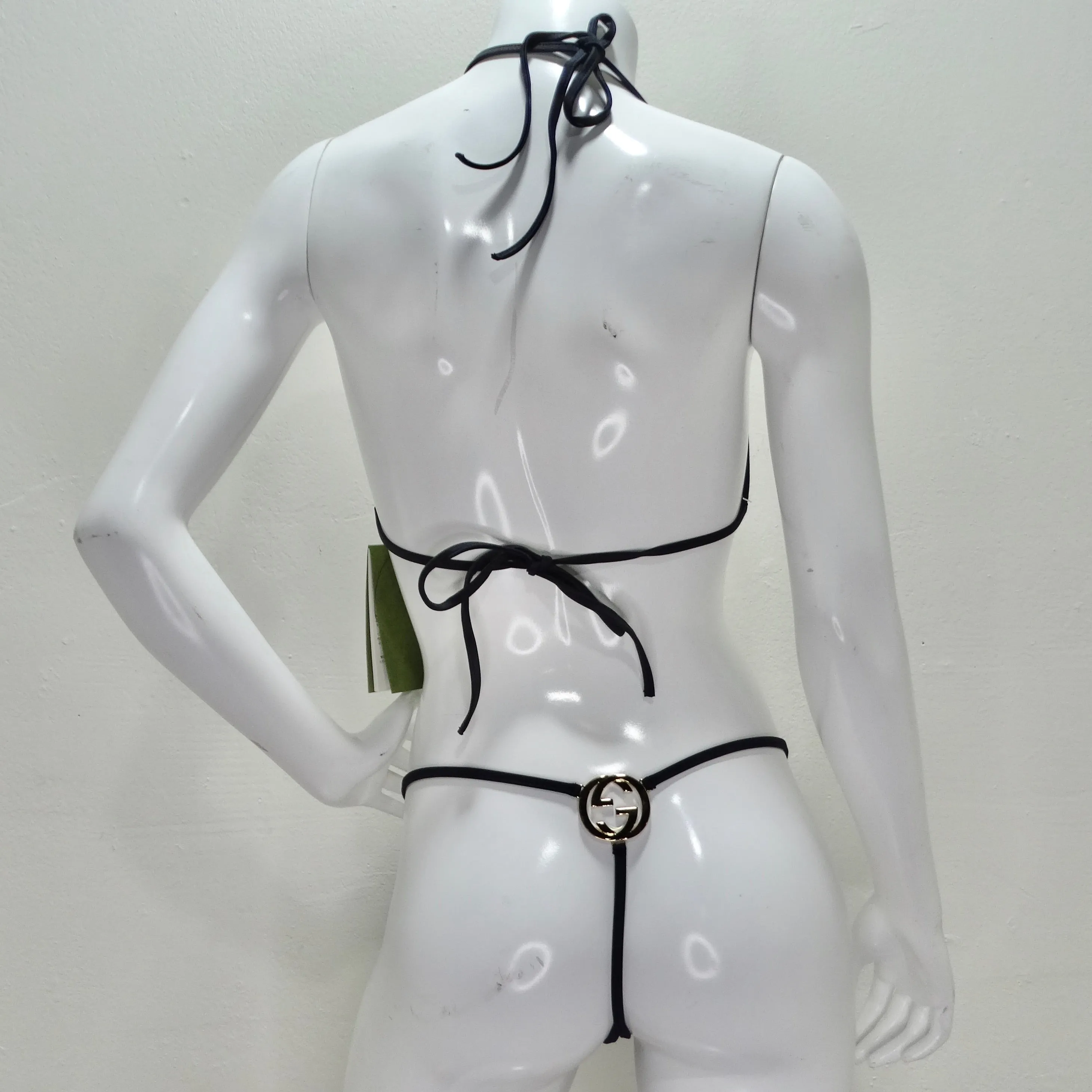 Gucci Gold Tone GG Logo G String Black Bikini