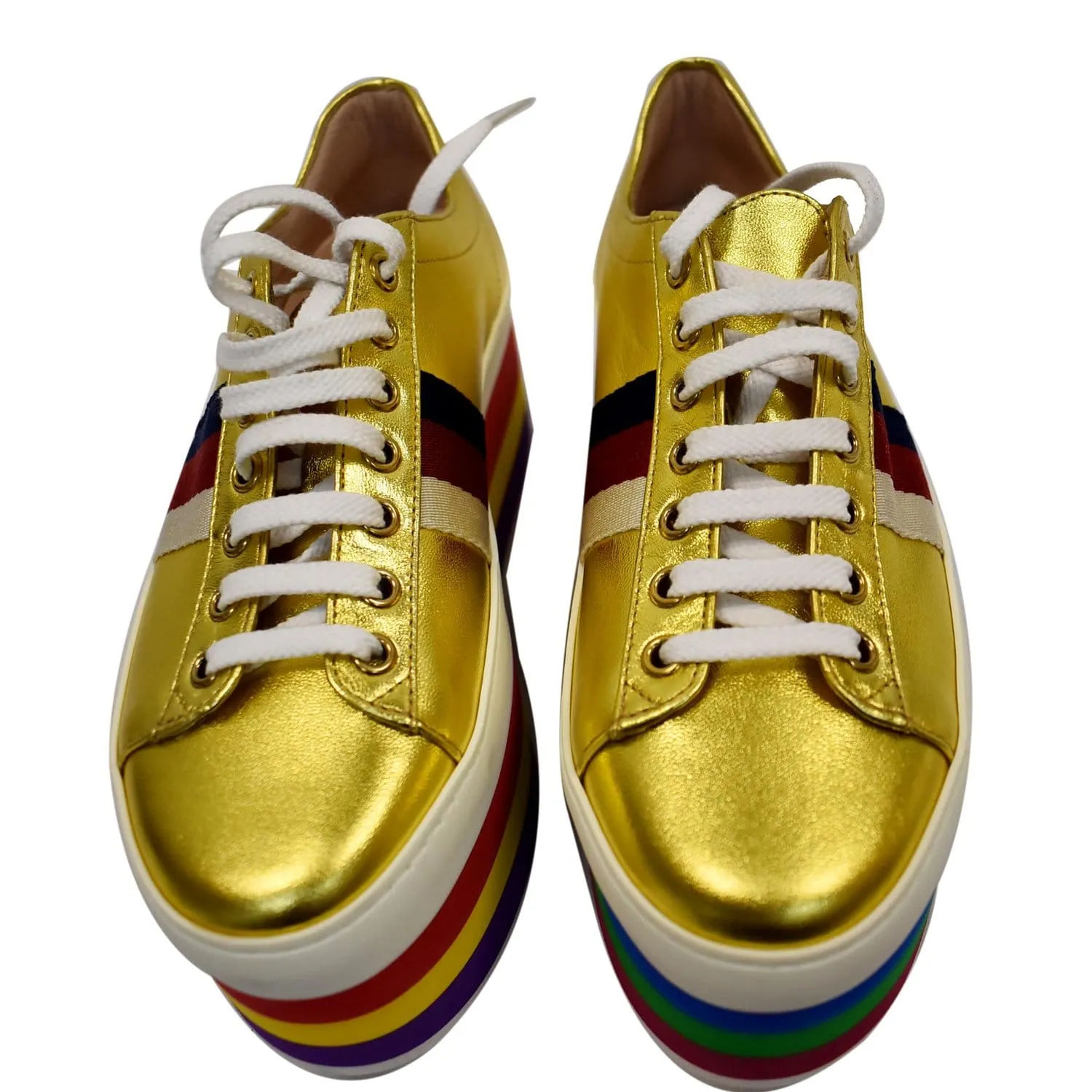 GUCCI Peggy Rainbow Metallic Nappa Silk Platform Sneakers Gold 474538 Size 36 - Final Sale