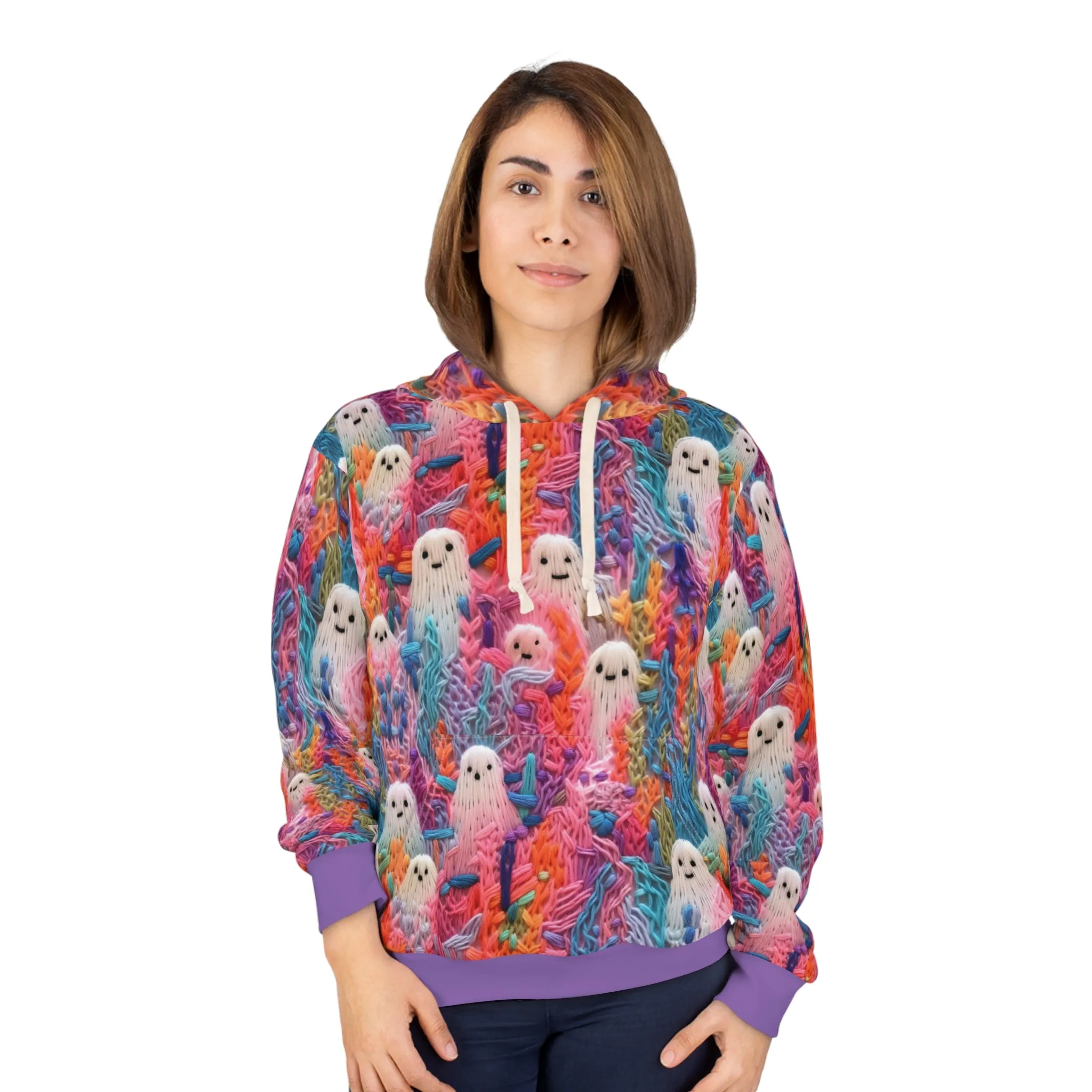 Happy Ghosts Pullover Hoodie, Faux Embroidery Orange and Purple Pattern, Halloween Season Sweatshirt, UnisexPullover Hoodie
