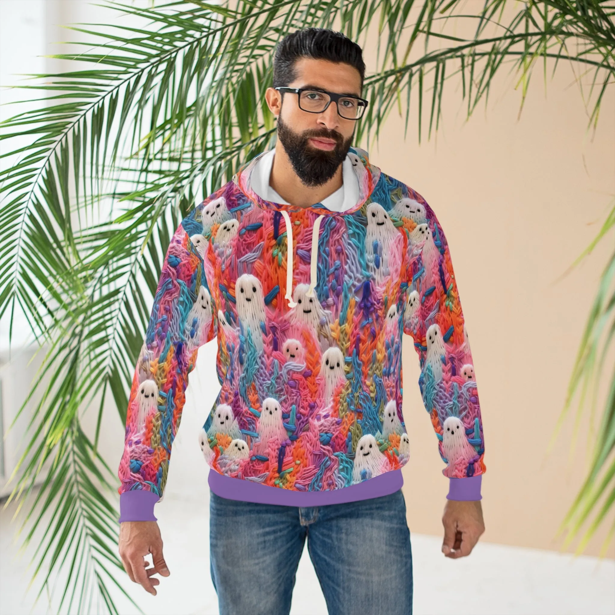 Happy Ghosts Pullover Hoodie, Faux Embroidery Orange and Purple Pattern, Halloween Season Sweatshirt, UnisexPullover Hoodie