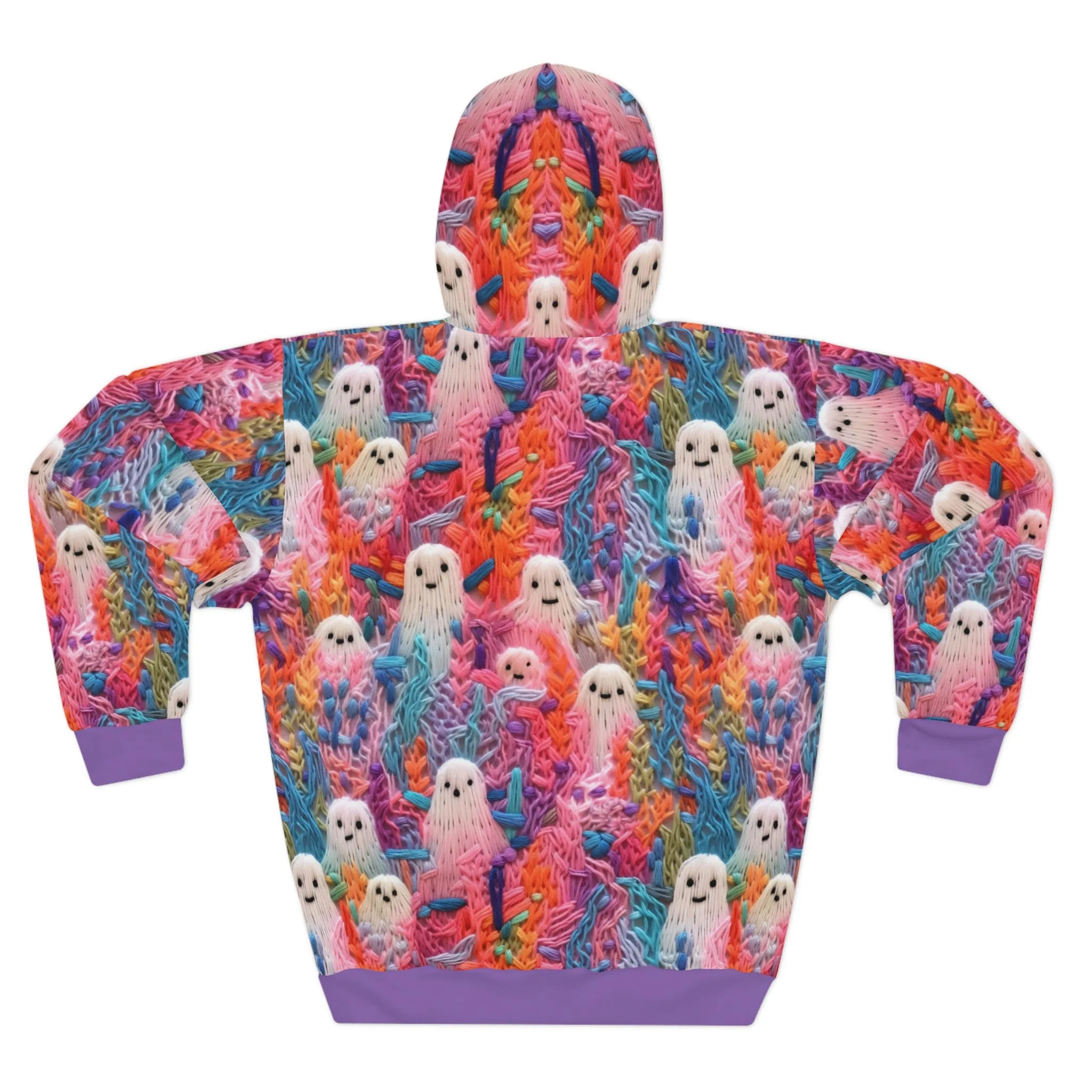 Happy Ghosts Pullover Hoodie, Faux Embroidery Orange and Purple Pattern, Halloween Season Sweatshirt, UnisexPullover Hoodie