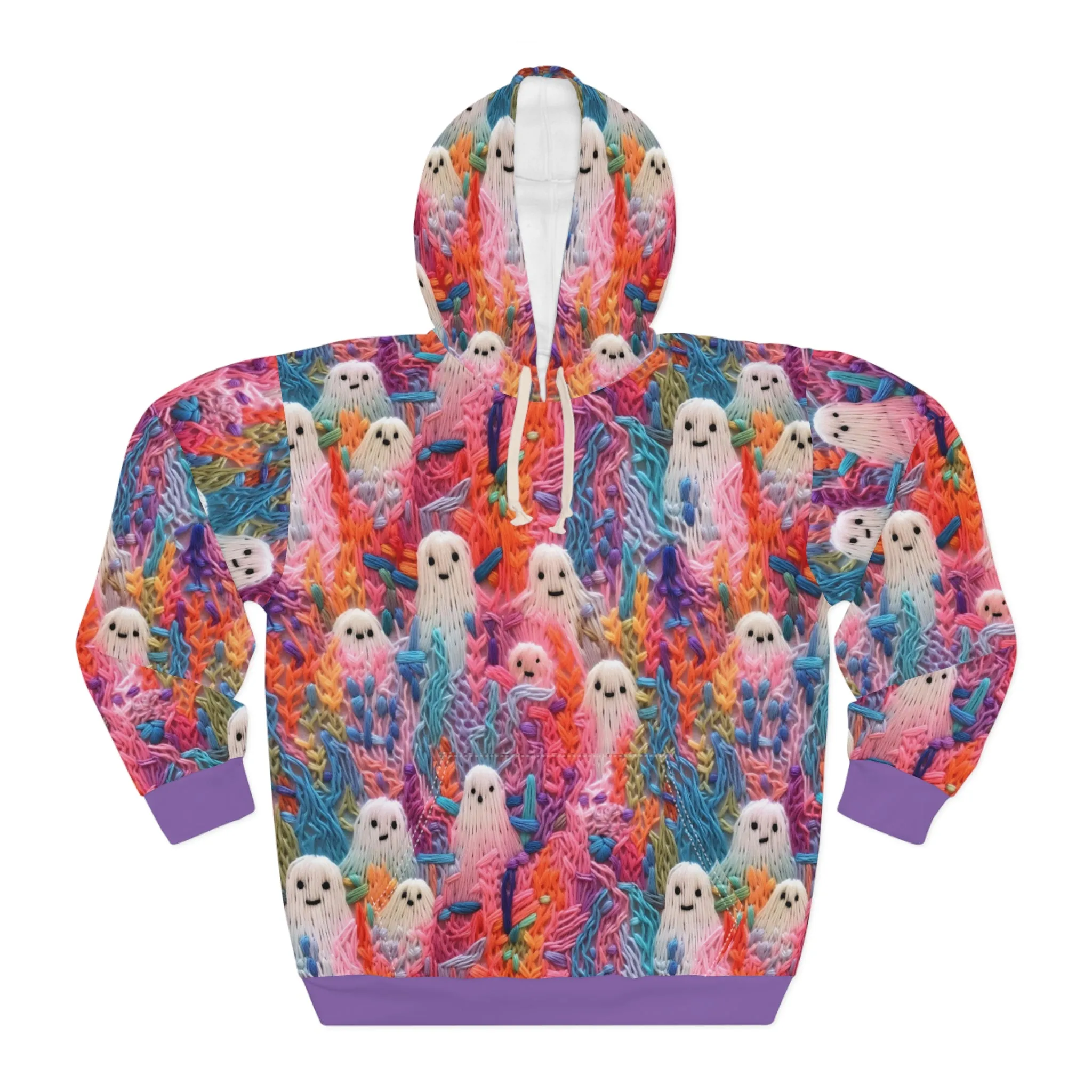 Happy Ghosts Pullover Hoodie, Faux Embroidery Orange and Purple Pattern, Halloween Season Sweatshirt, UnisexPullover Hoodie