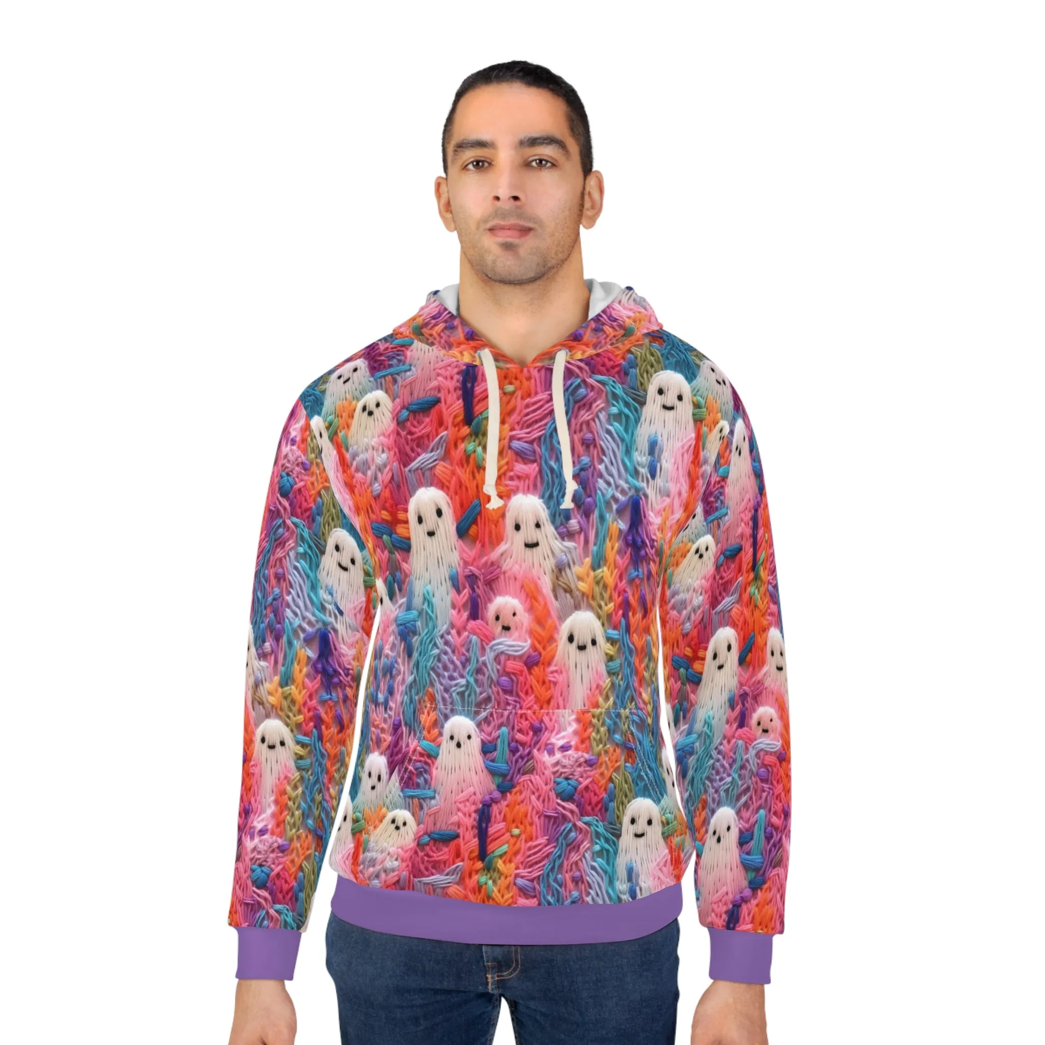 Happy Ghosts Pullover Hoodie, Faux Embroidery Orange and Purple Pattern, Halloween Season Sweatshirt, UnisexPullover Hoodie