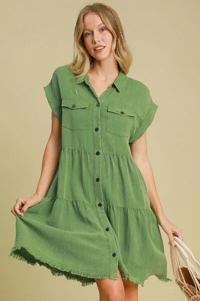 Hazel Blues® | Umgee Frayed Hemline Button Down Shirt Dress