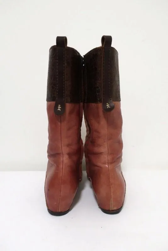 Henry Beguelin Mid-Calf Boots Rose & Dark Brown Leather Size 36.5