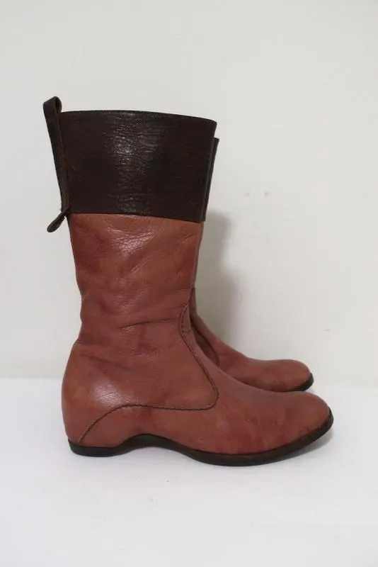 Henry Beguelin Mid-Calf Boots Rose & Dark Brown Leather Size 36.5