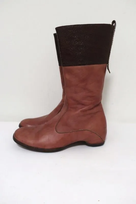 Henry Beguelin Mid-Calf Boots Rose & Dark Brown Leather Size 36.5