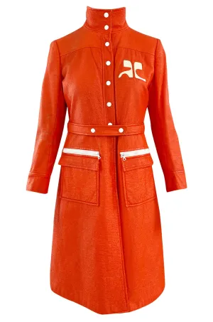 Iconic 1960s Andres Courreges Vivid Orange  & White Vinyl Coat or Dress w Original Belt