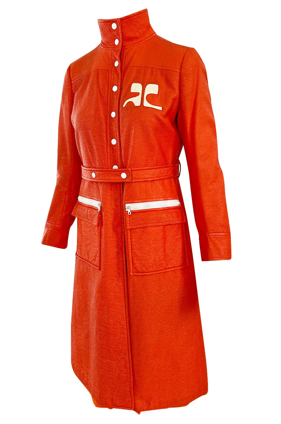 Iconic 1960s Andres Courreges Vivid Orange  & White Vinyl Coat or Dress w Original Belt
