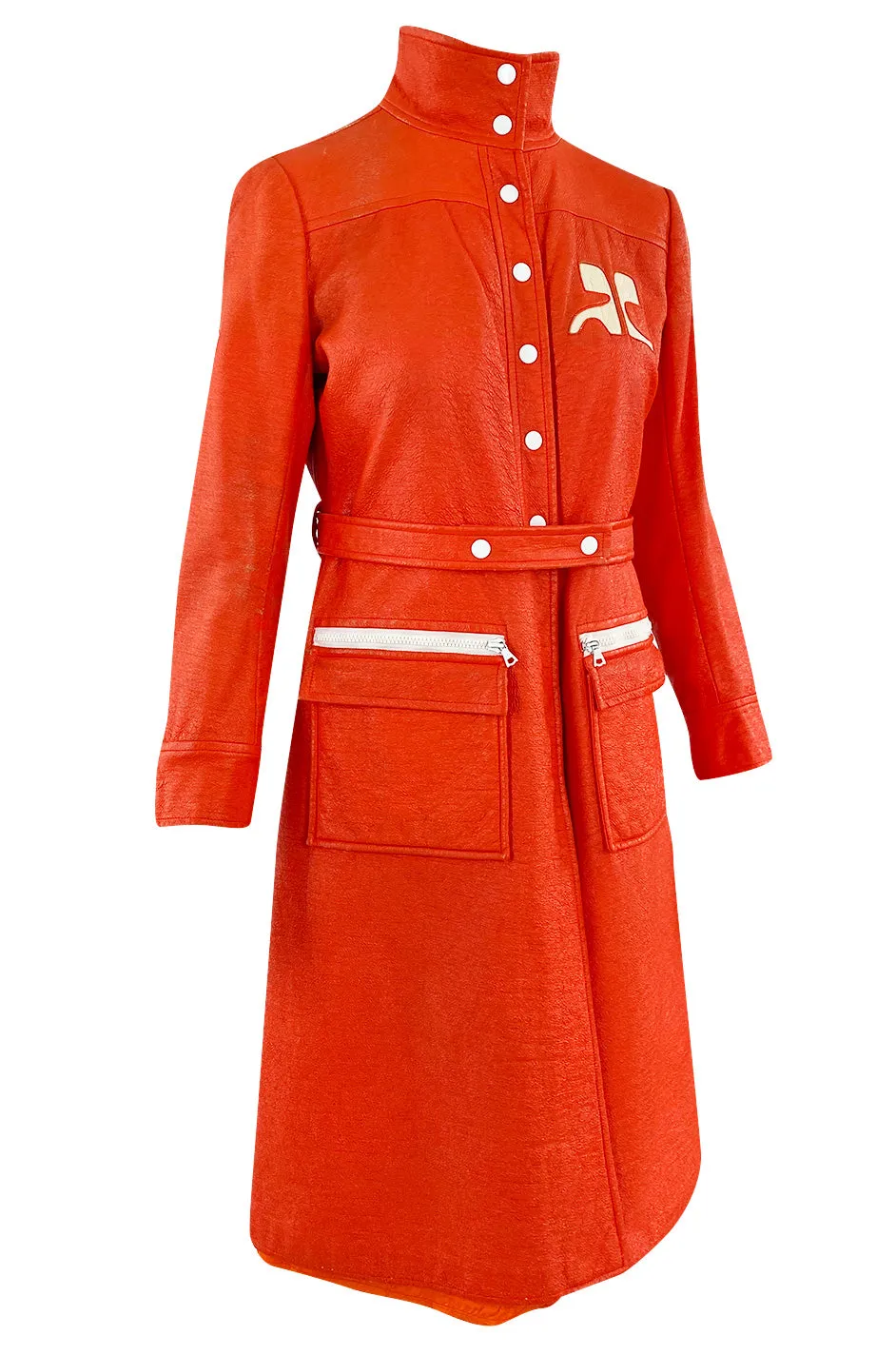 Iconic 1960s Andres Courreges Vivid Orange  & White Vinyl Coat or Dress w Original Belt
