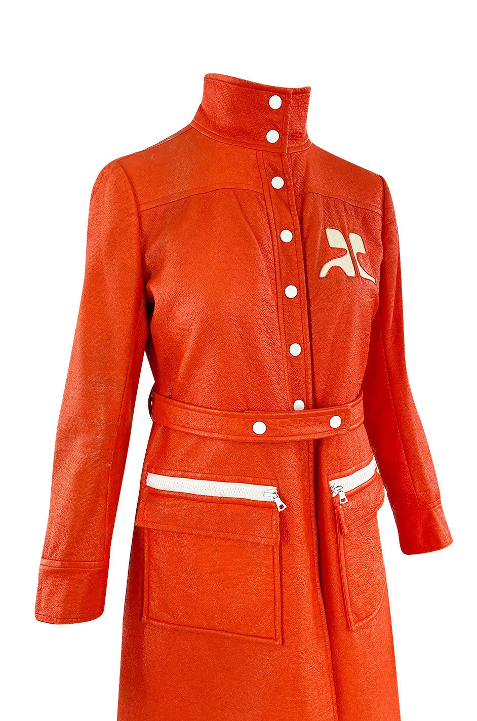 Iconic 1960s Andres Courreges Vivid Orange  & White Vinyl Coat or Dress w Original Belt