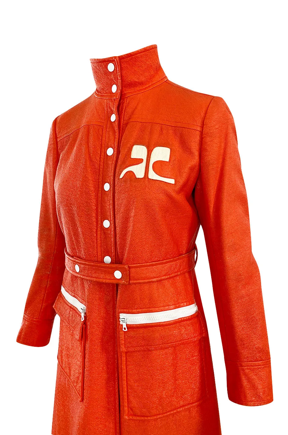 Iconic 1960s Andres Courreges Vivid Orange  & White Vinyl Coat or Dress w Original Belt