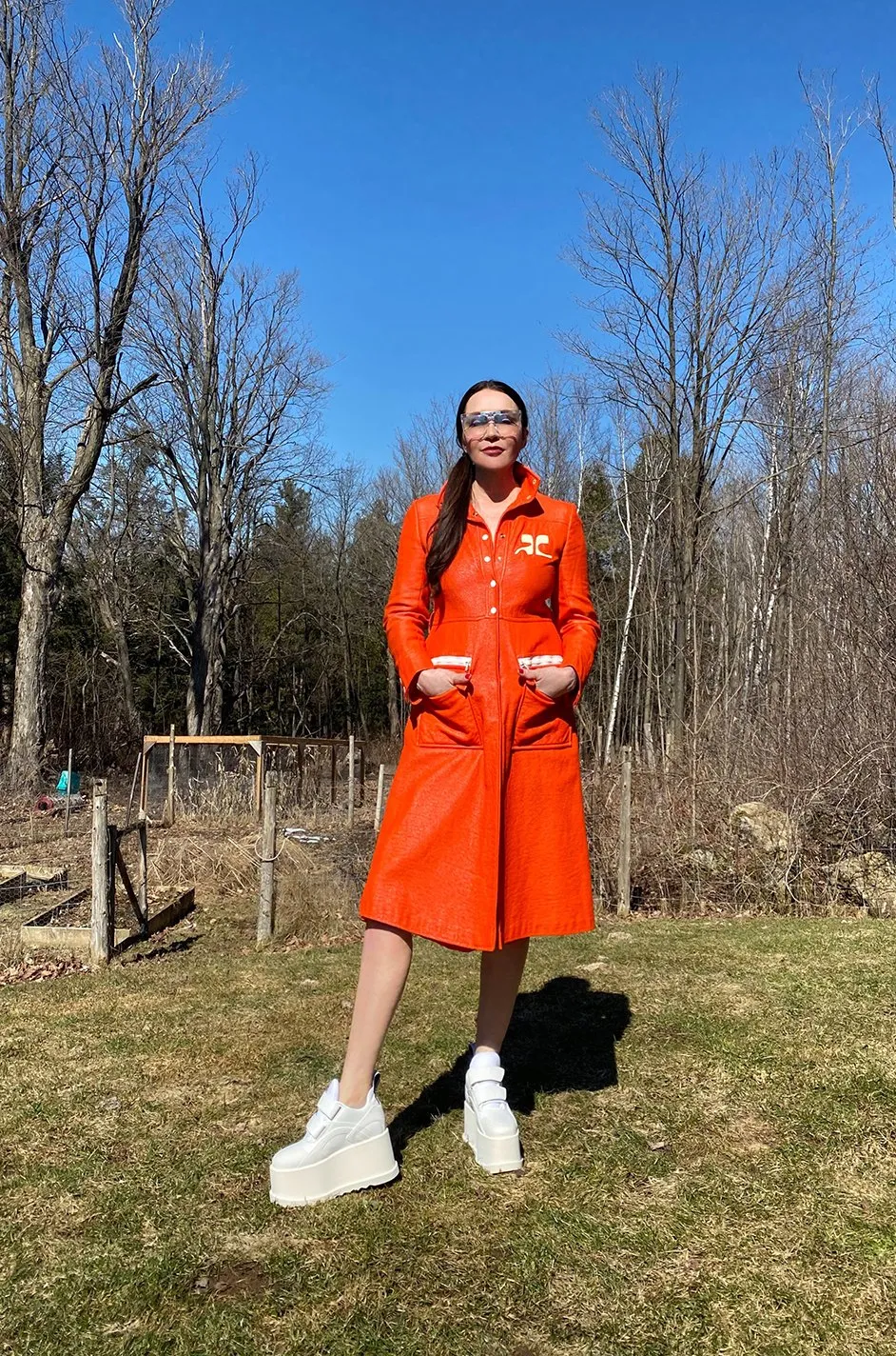 Iconic 1960s Andres Courreges Vivid Orange  & White Vinyl Coat or Dress w Original Belt