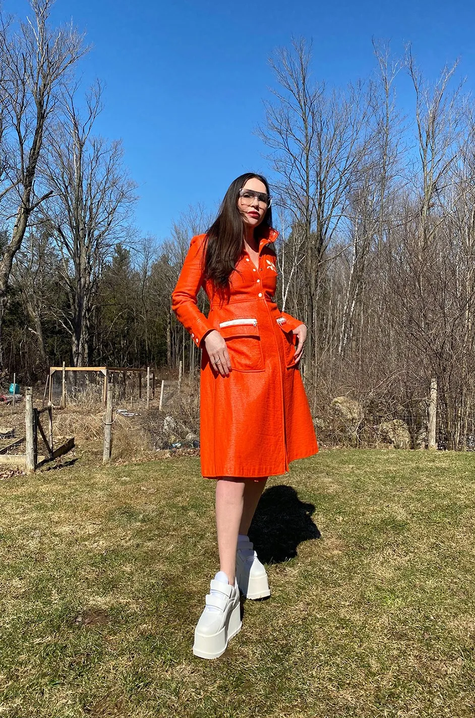 Iconic 1960s Andres Courreges Vivid Orange  & White Vinyl Coat or Dress w Original Belt