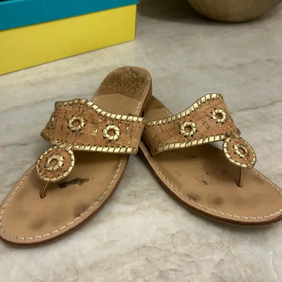 Jack Rogers Gold and Tan Flats with Intricate Beadwork
