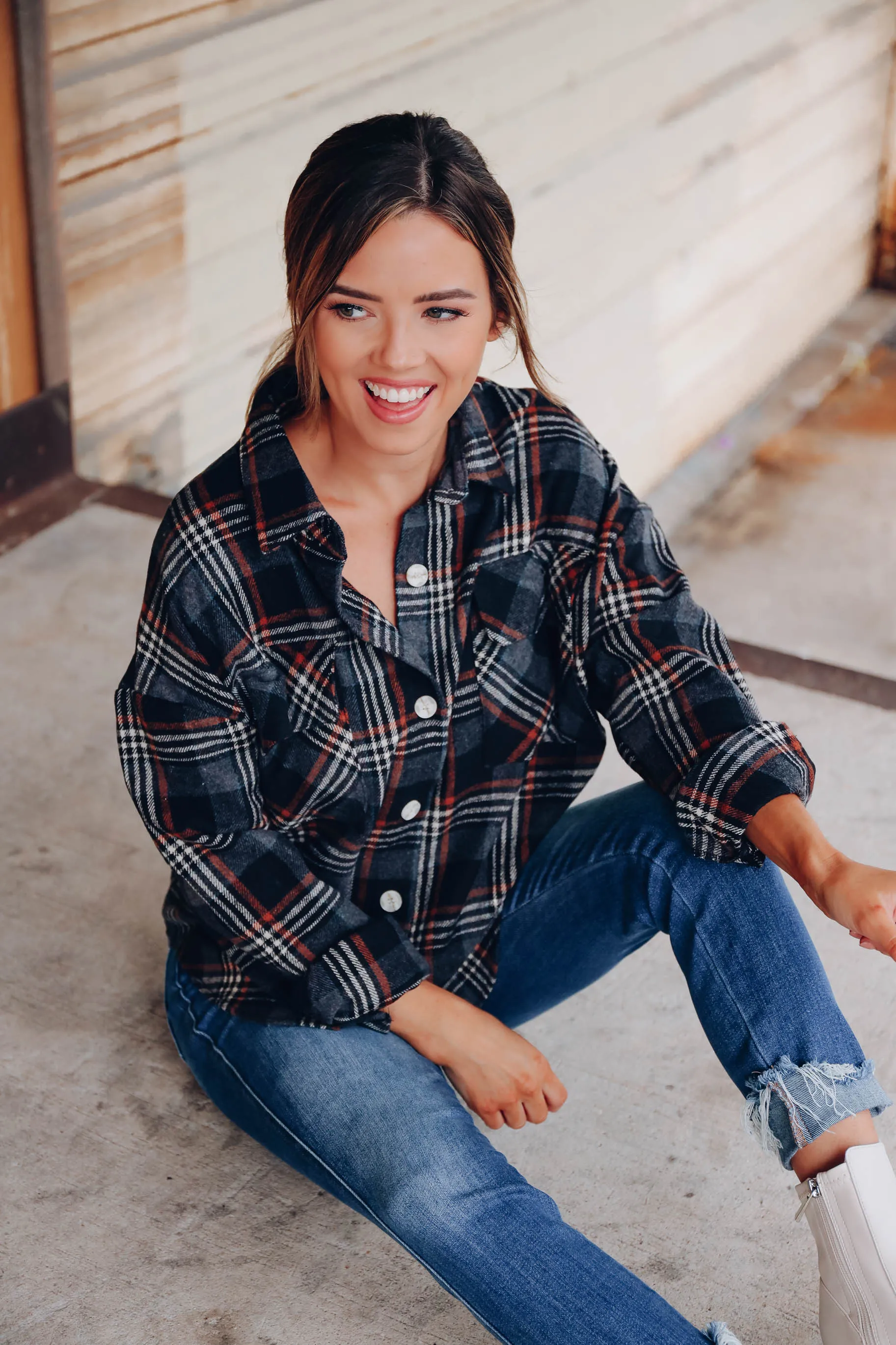 Jackie Plaid Collared Shacket - Black