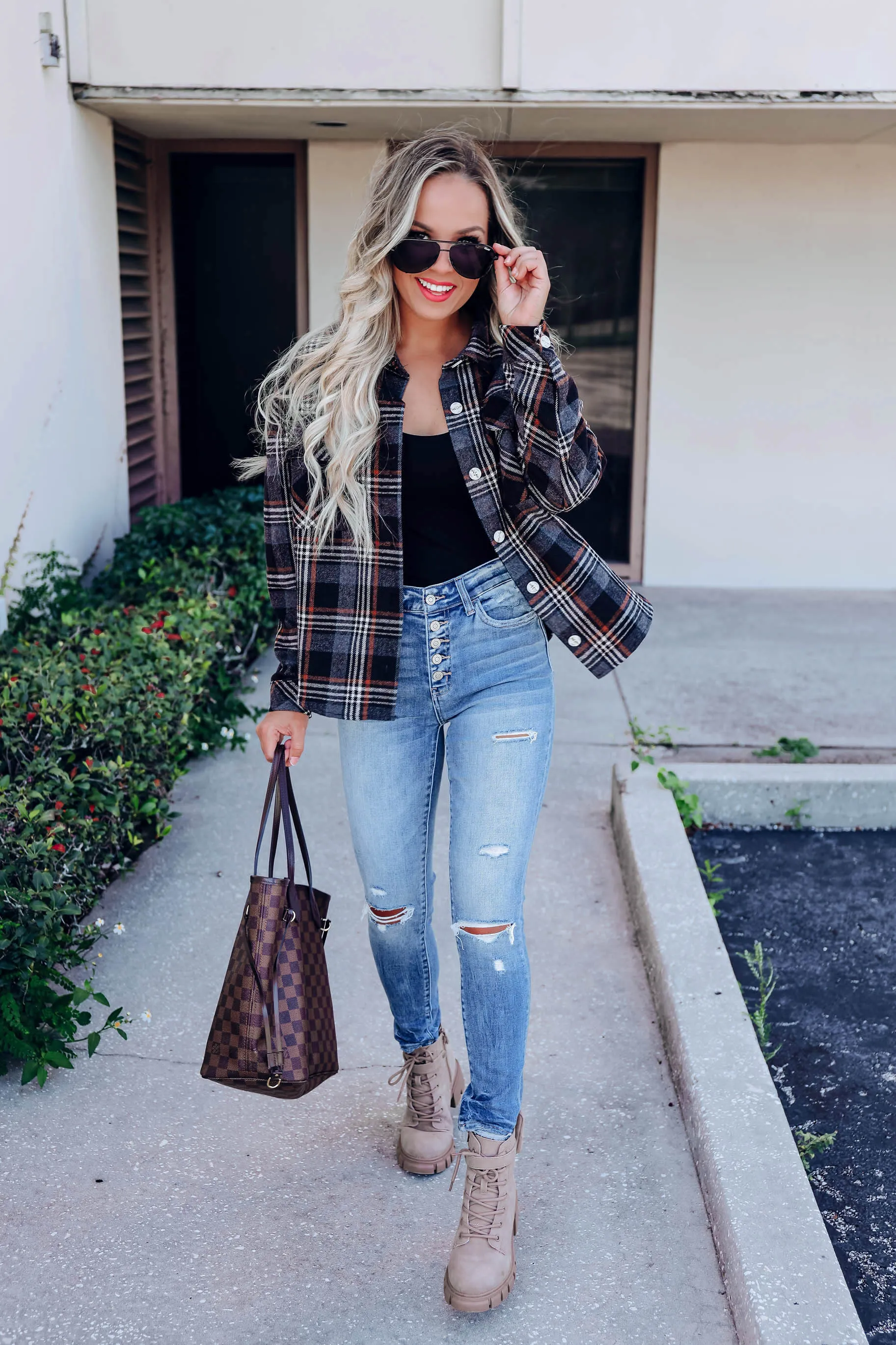 Jackie Plaid Collared Shacket - Black