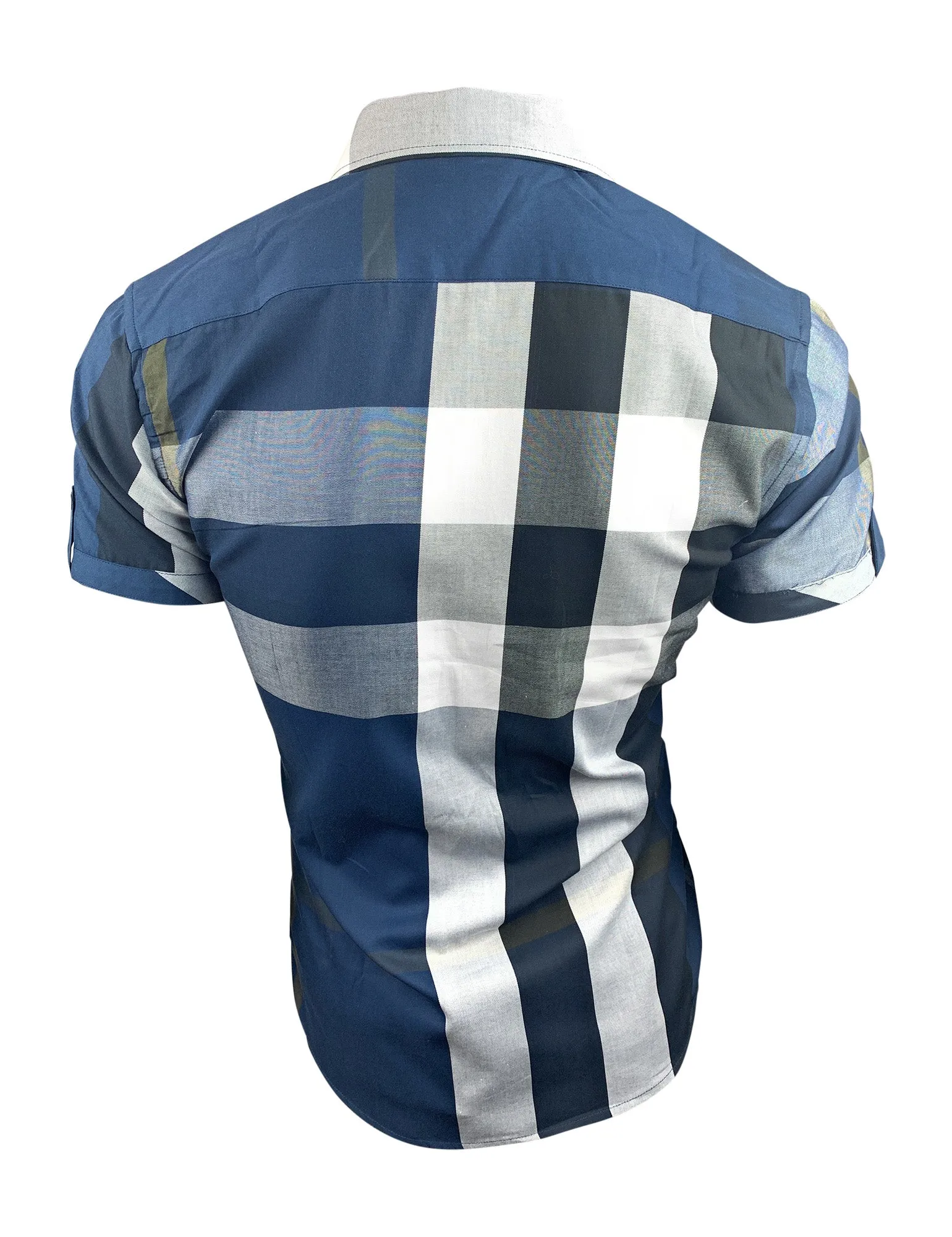 Kid's Short Sleeve Slim Fit Casual Navy Plaid Dress Shirt