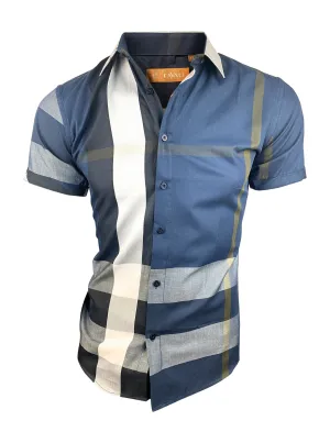 Kid's Short Sleeve Slim Fit Casual Navy Plaid Dress Shirt