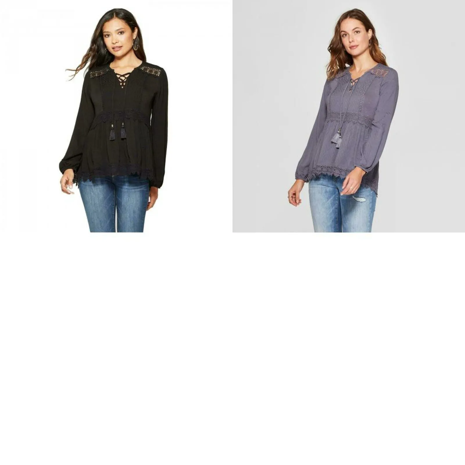 Knox Rose Women's Long Sleeve Crochet Hem Lace-Up Neck Blouse Top Shirt