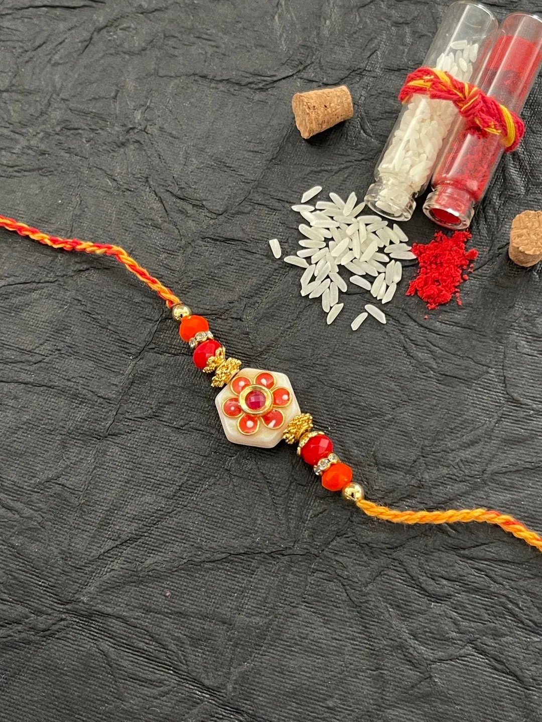 Kundan Beautiful Designer Rakhi Flower Designs With Beads Red Thread Rakhi For Raksha Bandhan