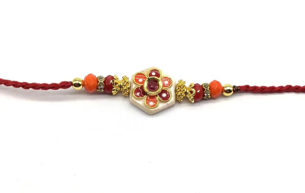 Kundan Rakhi with Flower Stone Designer Red Thread Rakhi for Men