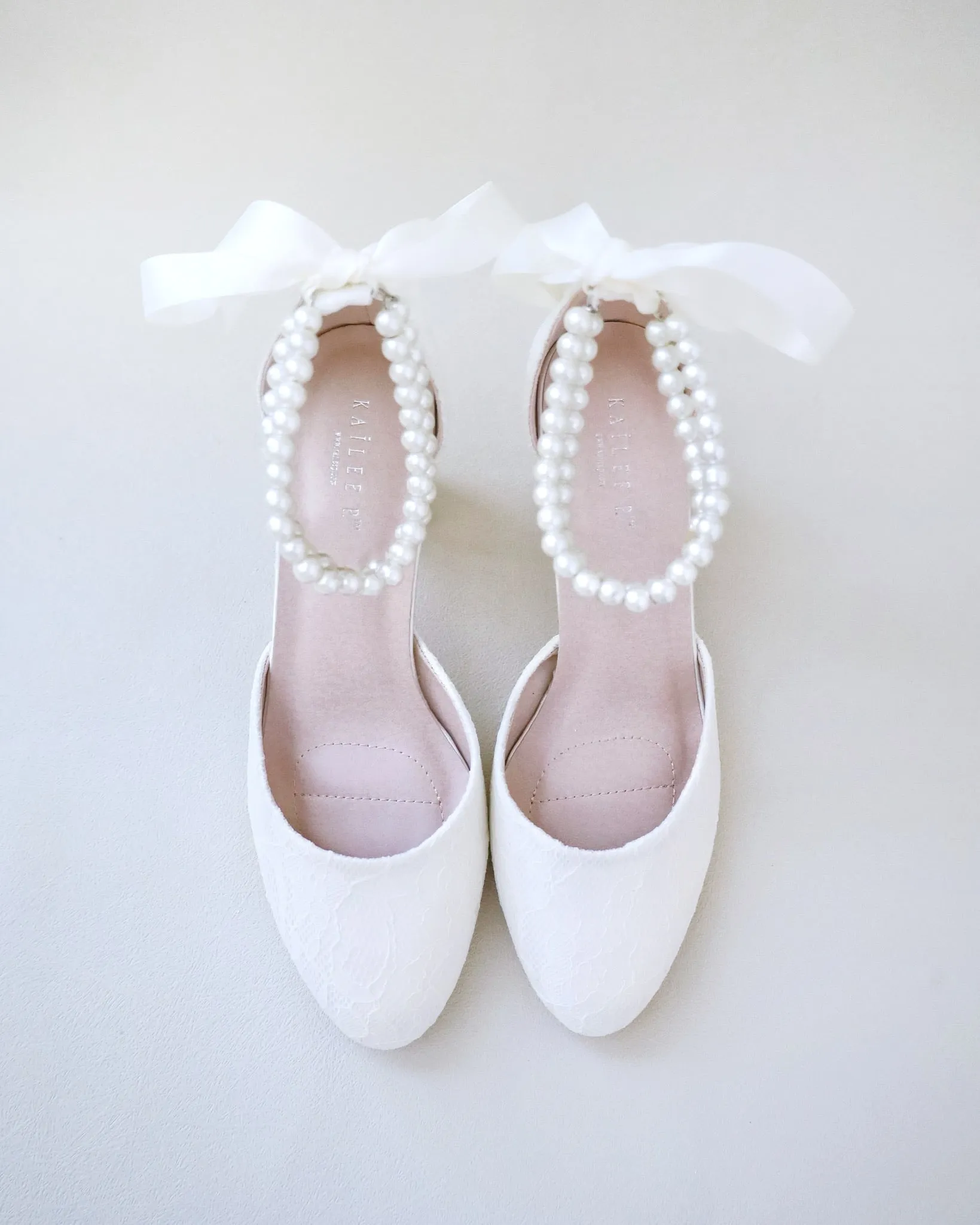 Lace Block Heel with Double Pearls Ankle Strap