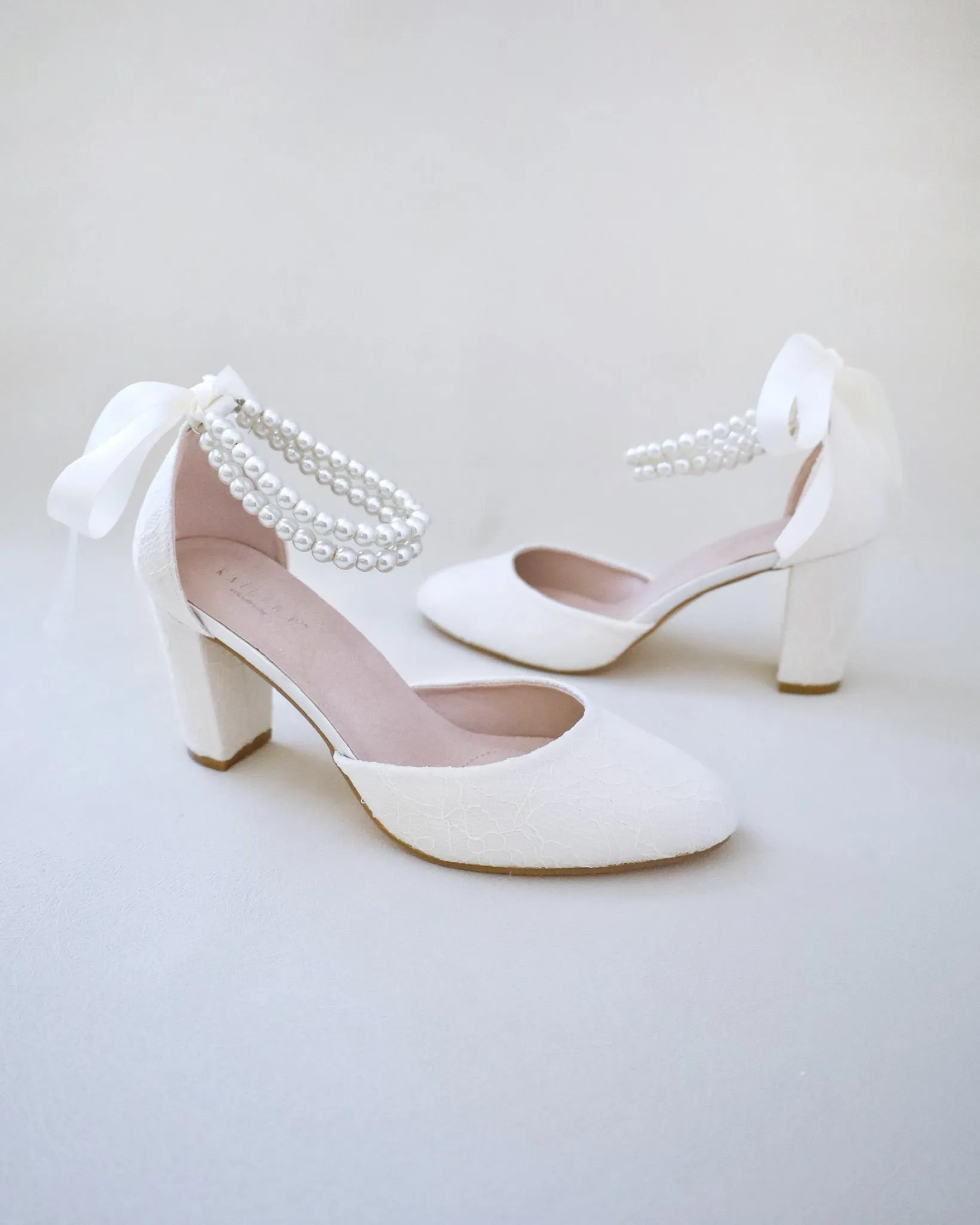 Lace Block Heel with Double Pearls Ankle Strap