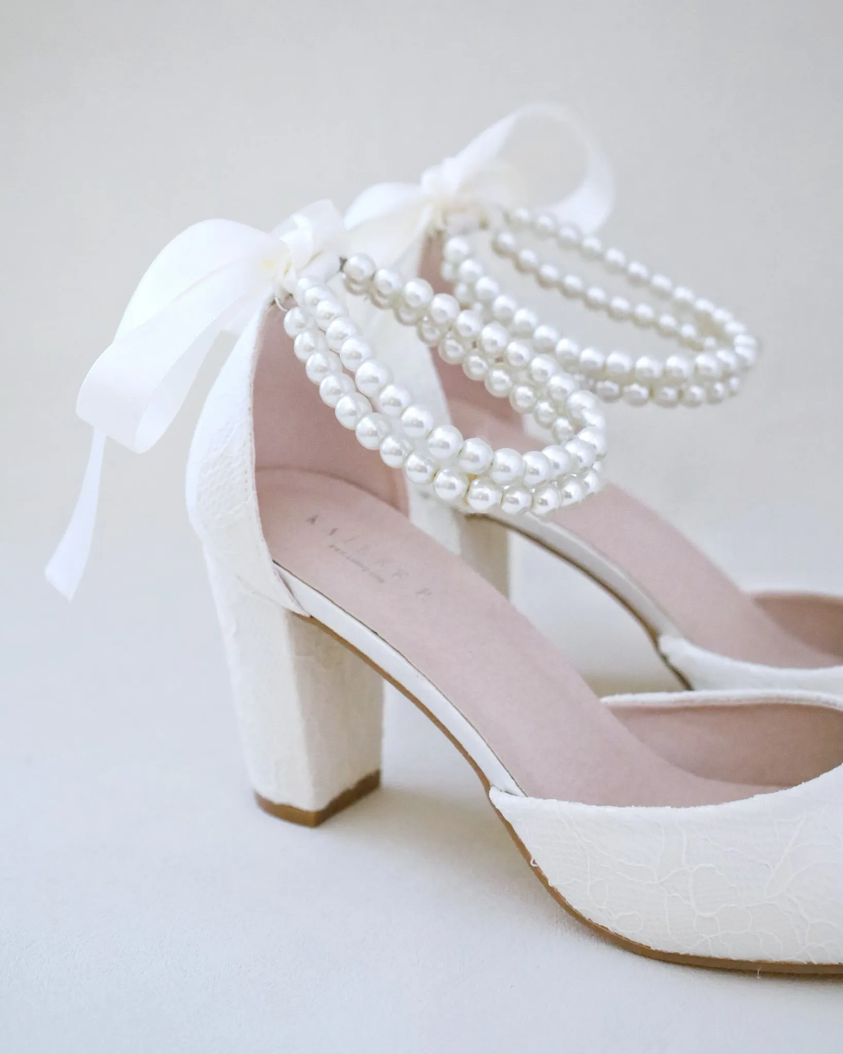Lace Block Heel with Double Pearls Ankle Strap