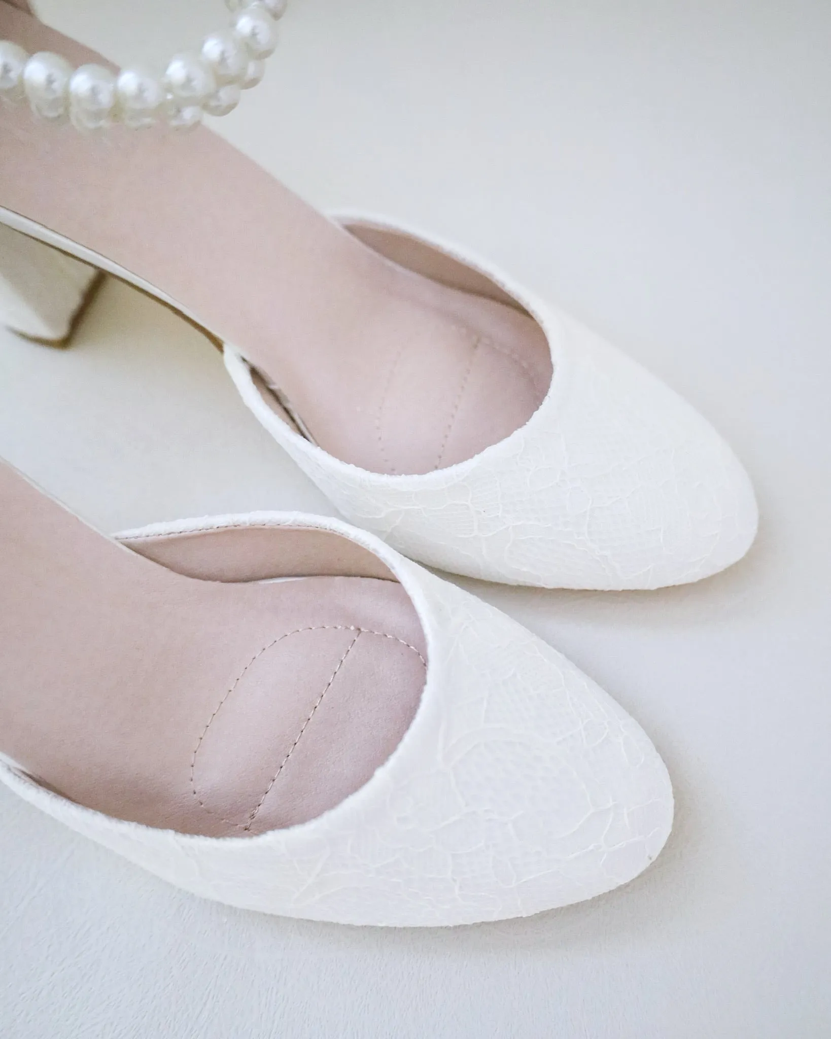 Lace Block Heel with Double Pearls Ankle Strap